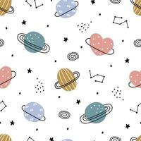 Baby seamless pattern space background with planets on white background cartoon style hand drawn design Use for prints, wallpaper, decorations, textiles. Vector illustration.