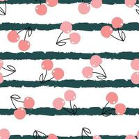 Baby seamless pattern pink cherry on striped background Hand-drawn design in a childish style. Use for prints, wallpaper decorations, fabrics, textiles vector illustration.