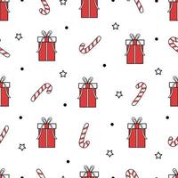 Seamless Christmas Background Vector Pattern With Gift Boxes. Hand drawn design in cartoon style. Use for prints, illustrations, decorative wallpaper, fabrics, textiles, fashion.