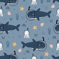 bebé de patrones sin fisuras fondo dibujos animados animales vida marina con tiburones y pulpo diseño dibujado a mano en estilo de dibujos animados utilizado para impresiones, fondos de pantalla, textiles, ilustraciones vectoriales. vector