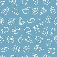 Food outline icon on blue background breakfast background seamless pattern for printing, wallpaper decoration vector illustration
