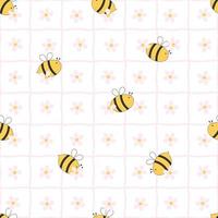 Bee with flowers and square grid on white background baby seamless pattern hand drawn cartoon background for baby clothes, blanket pattern or print wallpaper vector illustration