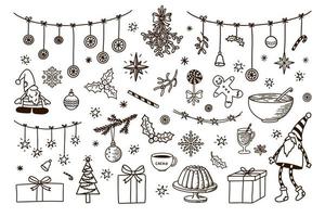 elementos de decoración navideña gran conjunto. chucherías tradicionales de año nuevo para el diseño y decoración de tarjetas de felicitación e invitación. estilo doodle vector