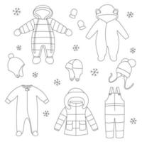 Set of line art baby winter clothes. Winter coat, overalls, snow suit, jumpsuit, hats and mittens. vector