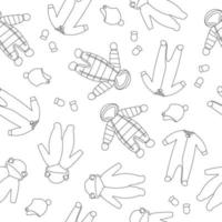 Seamless pattern of baby winter clothes. Line art snow suit, jumpsuit, hats and mittens on white background vector