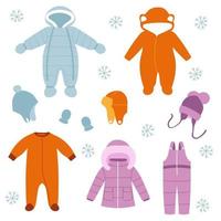 Set of colorful baby winter clothes. Winter coat, overalls, snow suit, jumpsuit, hats and mittens. vector