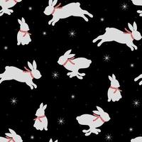 Hares in striped scarves with snowflakes on a dark background vector