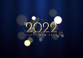 Luxurious 2022 new year celebration concept with shiny glitter particles and blue curtain. Golden 2022 number vector