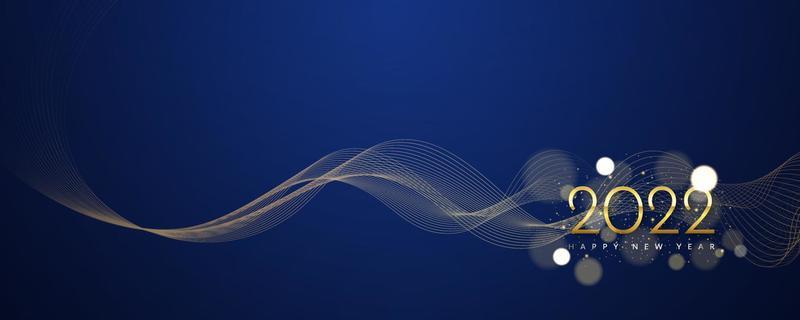 The elegant new year 2022 background. 2022 calendar header with abstract line waves and glitter particles on dark blue background