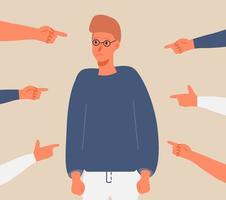 Victim man scene in society. Stressed boy in shame and hands with pointing finger. vector