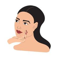 mujer joven y bonita que aplica la crema para la cara. procedimiento de cuidado de la piel, ilustración del día de rutina. aplicación de vector de producto cosmético.