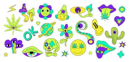 Psychedelic stickers vector set. Crasy mushrooms and abstract eyes. Neon hand drawn skull, lips, cannabis. Neon heart, cactus, octopus leg are shown.