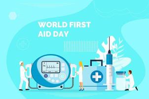 World First Aid Day on the second Saturday in September. Resuscitation ambulance car, hospital concept for website and mobile website development, landing page, apps is presented. vector