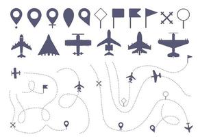 Set of simple plane route line. Different planes dotted line trail directions vector