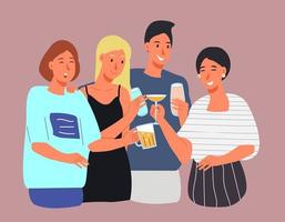 grupo de jóvenes felices, niños y niñas despreocupados tintinean y beben alcohol en una fiesta. un alegre encuentro de queridos amigos que celebran juntos. estilo de dibujos animados plana. vector