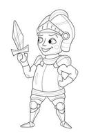 Cartoon knight vector for color book. Cute prince with sword. Medieval character for color page.