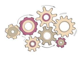 Gears collection vector in hand drawn style. Goal, Planning, idea concept doodle color illustration. Sketch gear infographic elements. Rotating mechanism for business process.