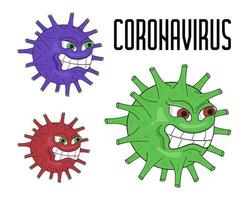 Coronavirus microbes vector in cartoon style. Angry covid-19 viruses are attacking. Lockdown metaphor