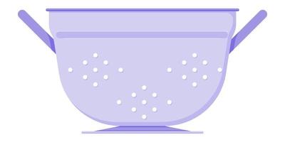 Colador morado con asas para drenar el líquido de una cacerola en un estilo plano aislado sobre un fondo blanco. vector