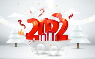 Happy new 2022 year concept. Bright room with holiday elements and digits. 3d style vector banner