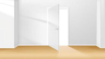 Bright interior with opened door and sunlight effect. Vector 3d illustration