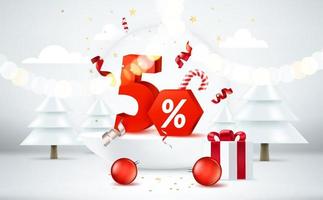 5 por ciento de descuento navideño. banner de venta de temporada. habitación luminosa con elementos navideños y dígitos. Banner de vector de estilo 3d