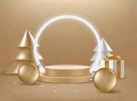 Christmas greeting card with abstract pines, gift box and golden baubles. 3d vector banner with copy space