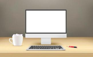 Modern computer with blank screen on a wood table. 3d vector mockup