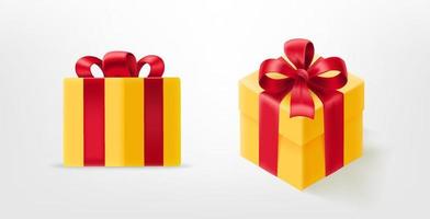 Gift boxes with red satin bow. 3d style vector illustration