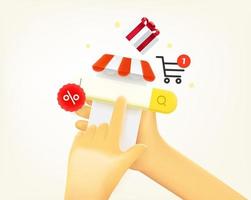 Searching goods in internet via mobile phone concept. 3d vector illustration