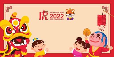 Kids greeting chinese new year with lion dance performance on banner copy space. Chinse new year lion dance theme vector