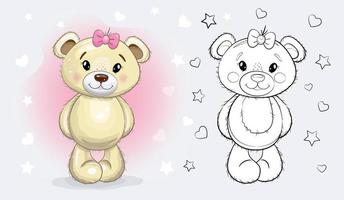 Oso de niña de peluche de dibujos animados lindo de Navidad. Ilustración de vector de muñeca bebé. página para colorear.