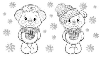 Página para colorear de Navidad muñecos de oso de peluche de dibujos animados lindo con un sombrero, auriculares de piel y bufandas sobre un fondo blanco con copos de nieve. ilustración vectorial. página para colorear. vector