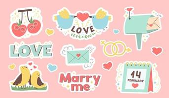 Set of stickers Valentine's Day. Collection of love symbol and romantic elements. Hand drawn 14 february isolated bundle. Flat cartoon vector illustration.