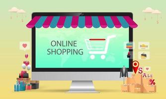 Online shopping,concept desktop, with credit cards and on blue backgrounds , vector