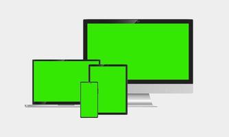 conjunto de monitores de computadora realistas, computadoras portátiles, tabletas y teléfonos móviles. Aparatos electrónicos sobre fondo blanco.Pantalla verde. concepto de dispositivo móvil de vector. vector