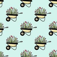 Spring garden seamless pattern. Doodle tulips flowers in a wheelbarrow isolated on green vector illustration. Cute background for garden shop logo, typography poster. Gardening farm