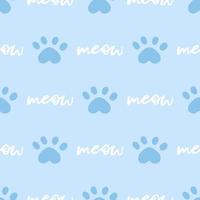 Blue and white cat seamless pattern. Meow and cat paws background vector illustration. Cute cartoon pastel character for nursery boy baby