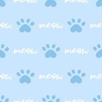 Blue and white cat seamless pattern. Meow and cat paws background vector illustration. Cute cartoon pastel character for nursery boy baby