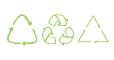 Doodle conjunto de ilustración de reciclaje de símbolos de flecha, utilizando recursos reciclados. icono de vector de eco verde estilo dibujado a mano. concepto de ecología de residuos cero. colección de vectores