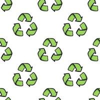 Seamless eco pattern. Three arrows eco recycle. Reuse ornament doodle on white background. Green flat vector wallpaper. Zero waste ecology circle