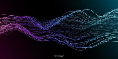 Vector wave lines flowing dynamic in colorful purple blue green isolated on black background for concept of AI technology, digital, communication, science, music