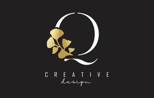 Creative white Q Letter logo design with golden leaves. Vector Illustration with with Botanical elements. Nature vector template design concept with A letter.