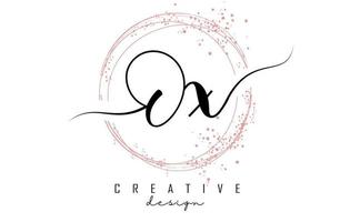 Handwritten Ox O x letter logo with sparkling circles with pink glitter. vector