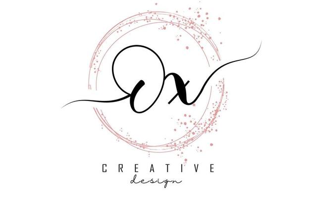 Handwritten Ox O x letter logo with sparkling circles with pink glitter.