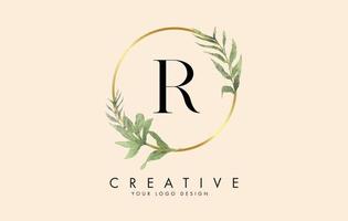 R Letter logo design with golden circles and green leaves on branches around. Vector Illustration with R letter.