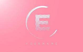 White E letter logo design with white dots and white circle frame on pink background. vector