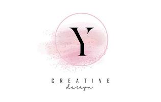 Diseño de logotipo letra Y con marco redondo brillante y fondo rosa acuarela. vector