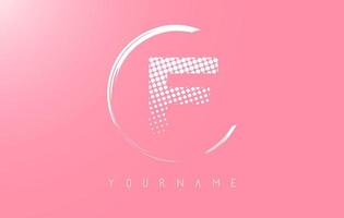 White F letter logo design with white dots and white circle frame on pink background. vector