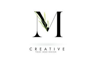 Elegant M letter logo design with long leaves branch vector illustration.